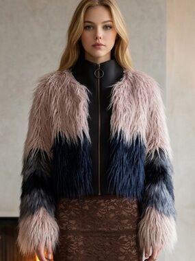 Young Fabulous & Broke Blush Pink and Navy Faux Fur Colorblock Jacket